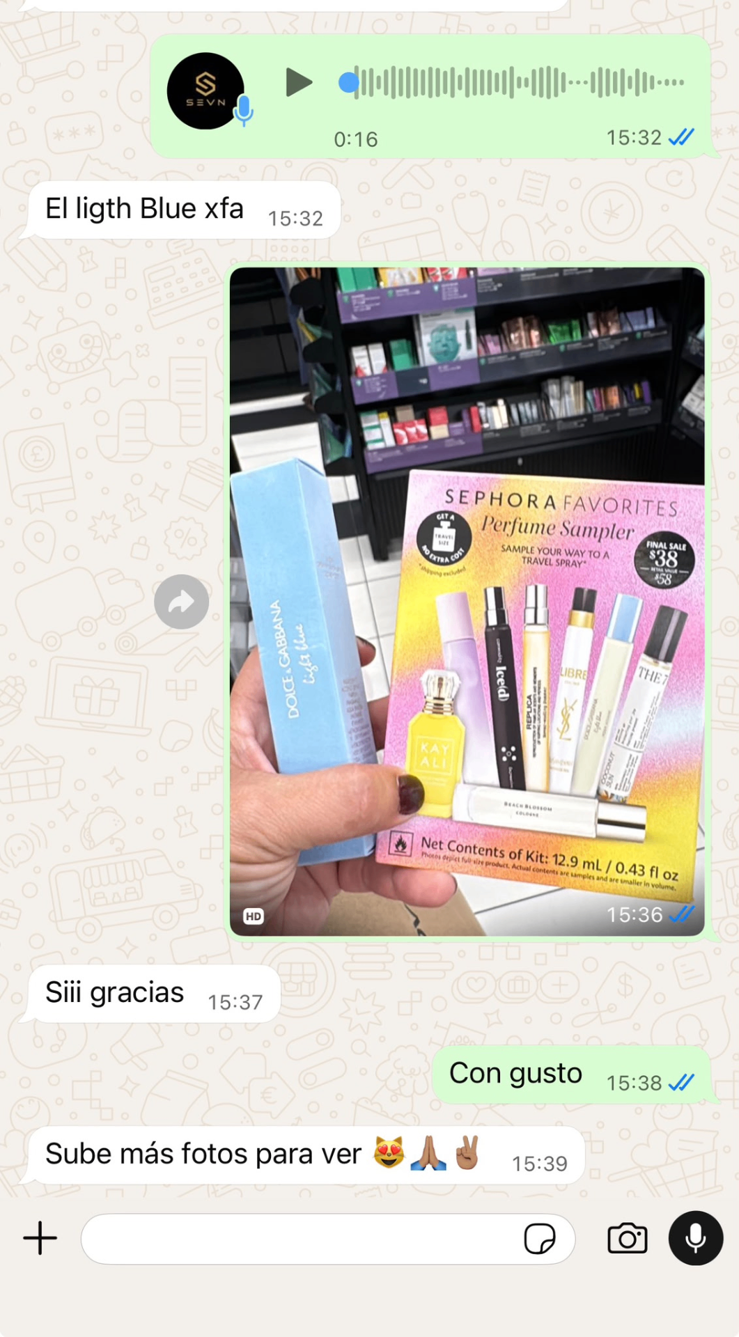 Conversación real de WhatsApp con un cliente de SEVN